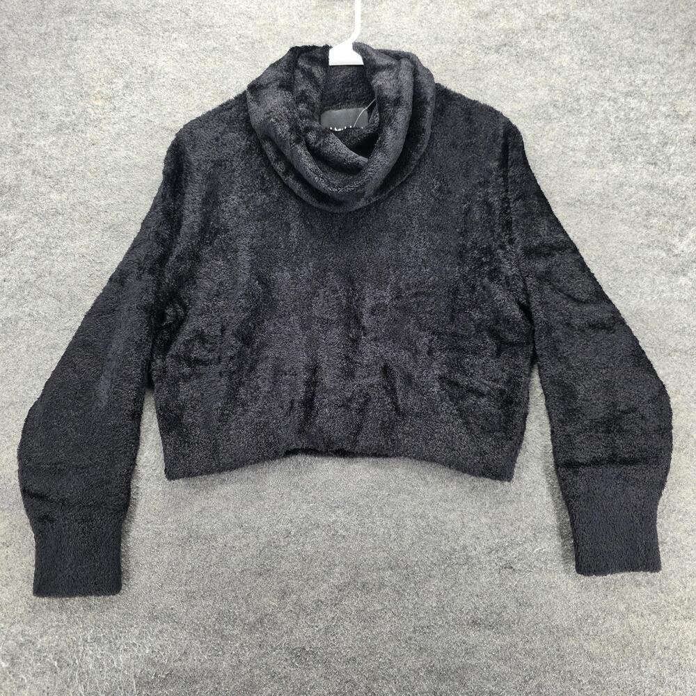 Michael Simon Sweater Womens L Black Nylon Cowl Neck Fuzzy Knit Cropped Pullover